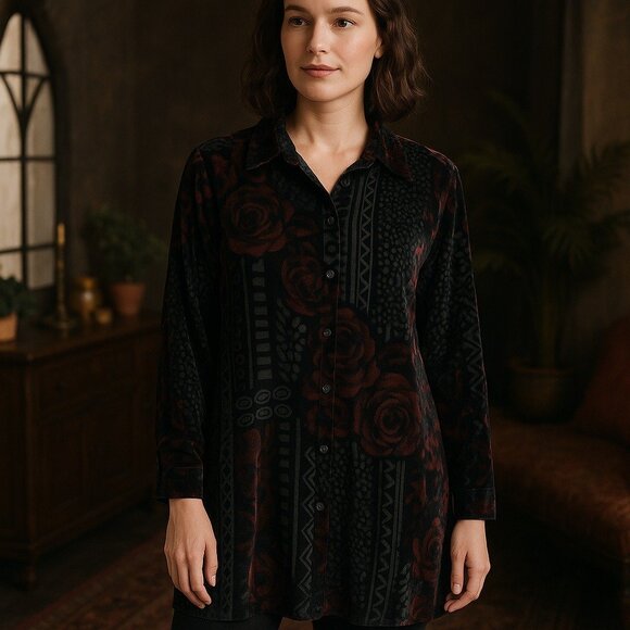 Coldwater Creek Tunic Top Size XL Burnout Velvet Floral Whimsigoth Fairy Grunge - Picture 1 of 10